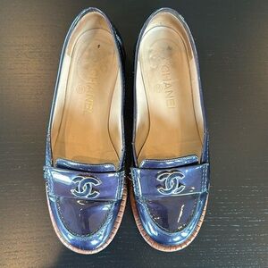 CHANEL Navy Patent Leather Loafers Size 37.5
